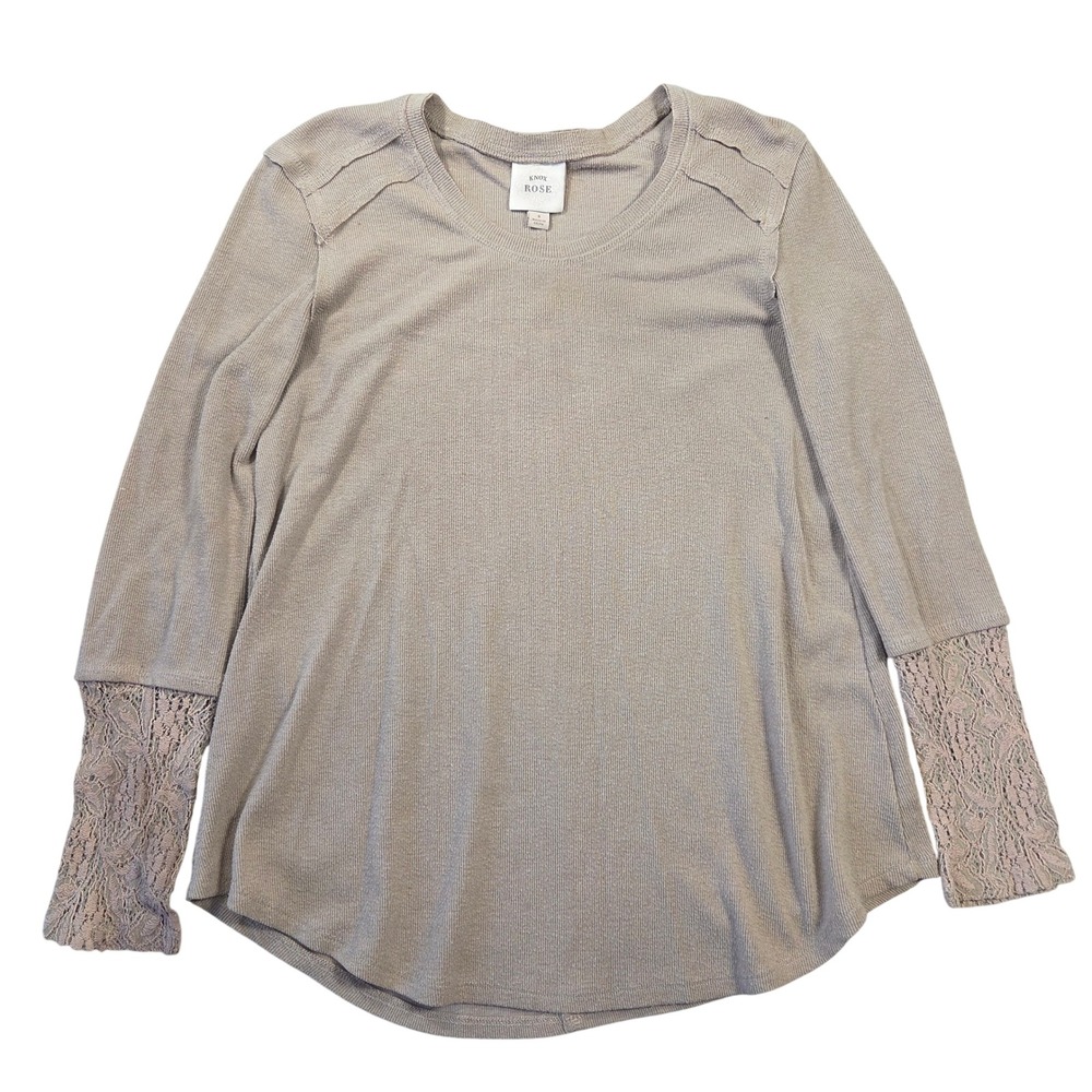 Knox Rose Womens Taupe Ribbed Thermal Top Lace Cuff Long Sleeve‎ Small Boho Knit